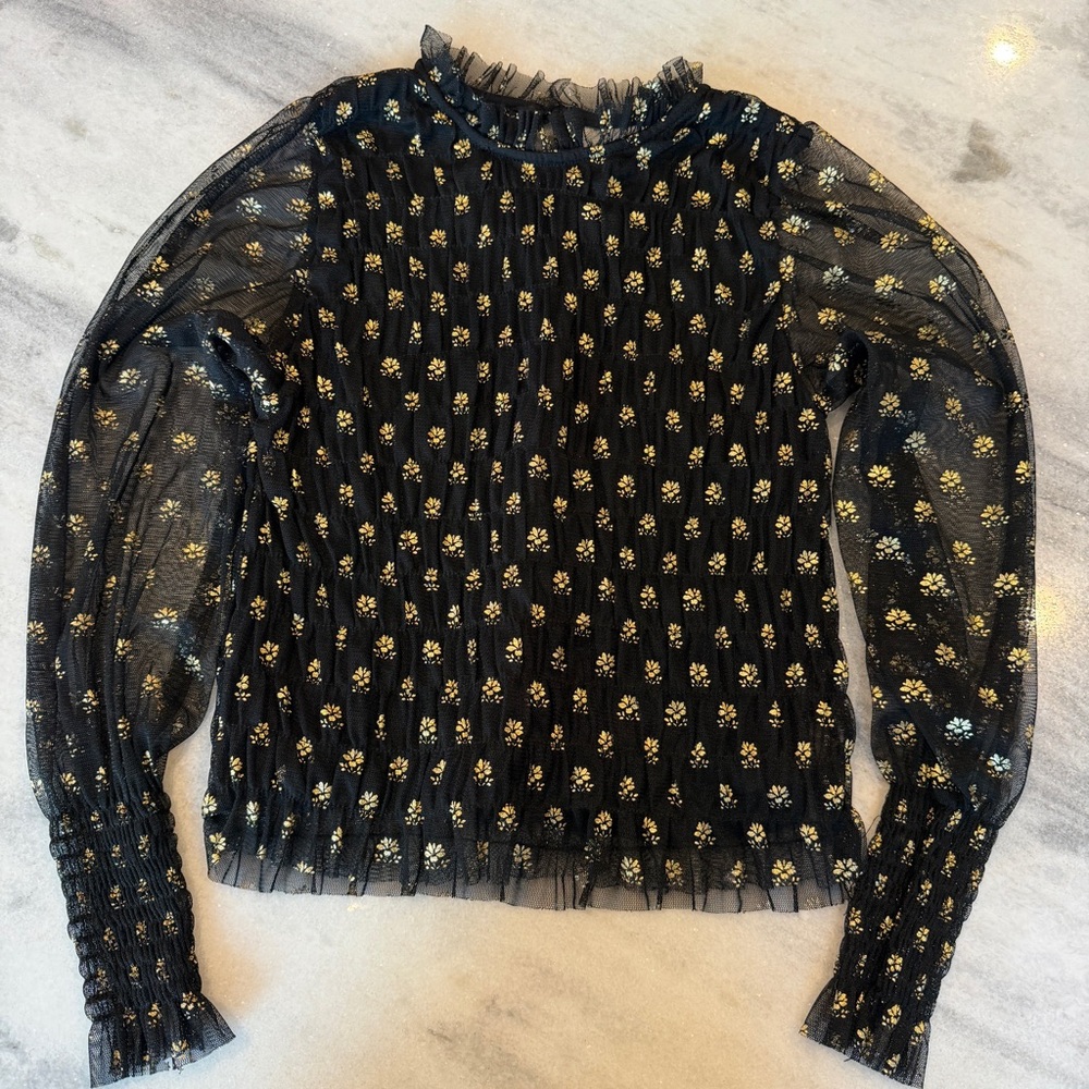 Zara Girls Size‎ 10 Black & Gold Sheer Sleeves Long Sleeve Top